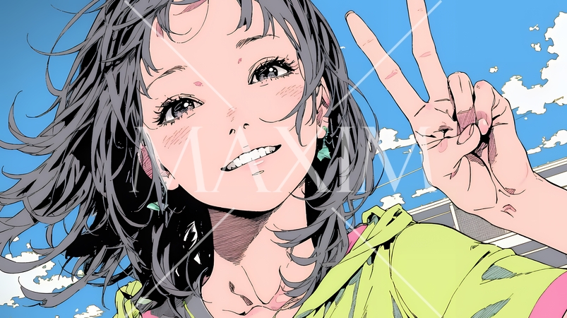 笑顔でピースサインを見せる若い女性