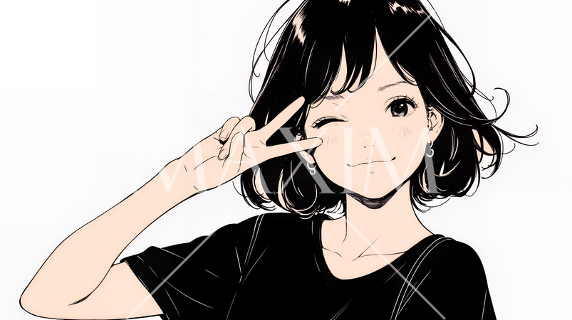 アイドルのように顔の横でピース＋ウィンクしている若い女性（シンプルな色使い）