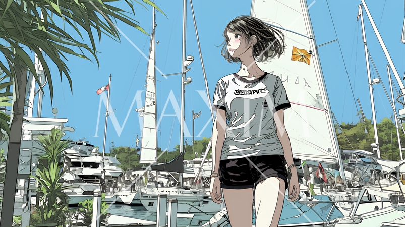 沖縄のヨットハーバーに立つ若い女性