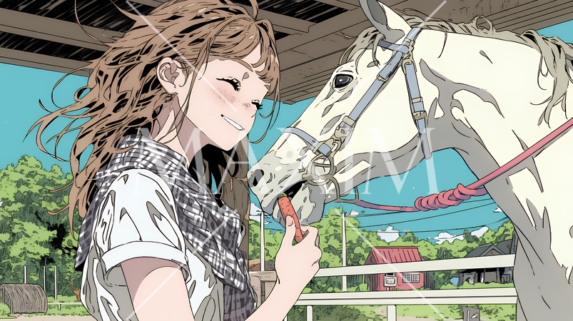 馬の世話をしている若い女性