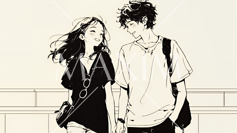 幸せそうなカップル：散歩中（シンプルな色使い）