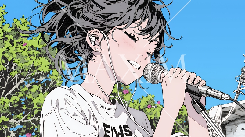 ステージでマイクを握り、情熱的に歌い上げる女性