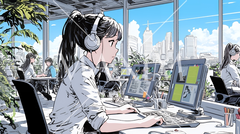 近代的なコールセンターのオフィスで働く女性オペレーター