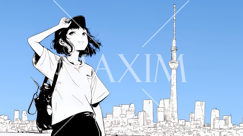 若い女性が佇む都市の街角（シンプルな色使い）