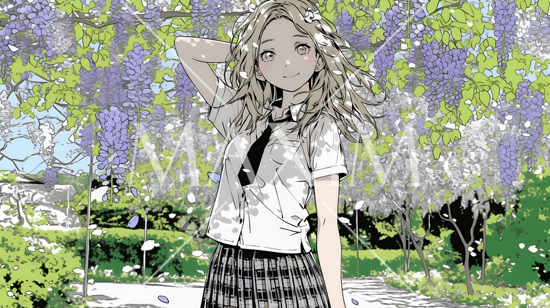 満開の藤の花の下を歩いている女子高生