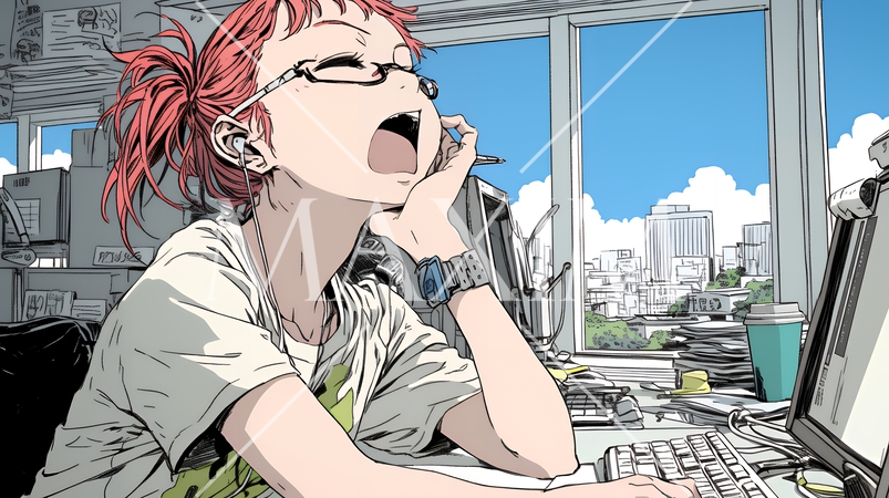 仕事中にあくびをしている若い女性