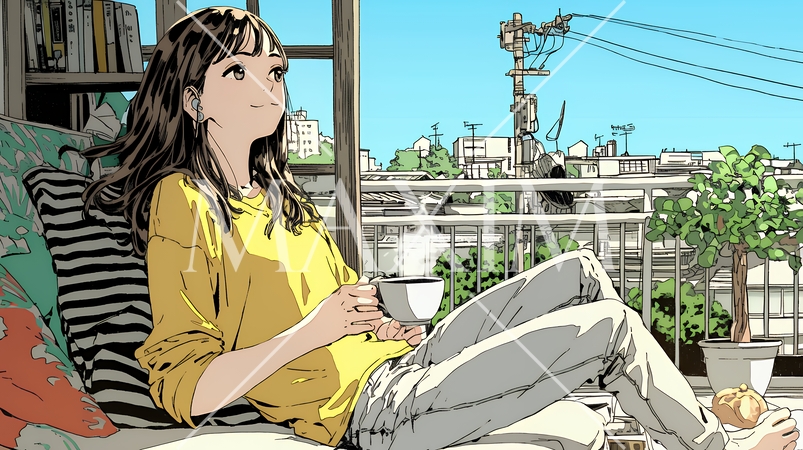 リビングで紅茶を飲んでいる女性