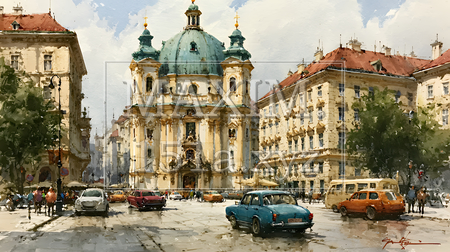 ウィーン（オーストリア）の街並みを描いた水彩画風イラスト｜ヨーロッパの美しい風景（想像）（イラストID:8339081-17996）