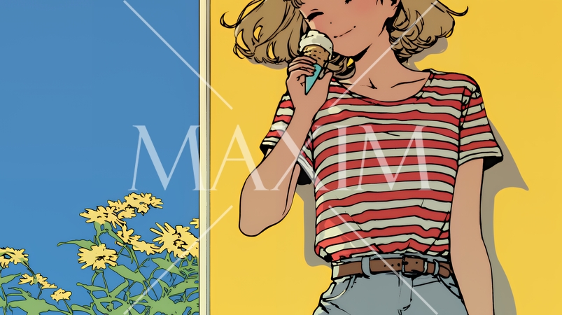 夏空の下でソフトクリーム（コーンに乗ったアイスクリーム）をたべる若い女性