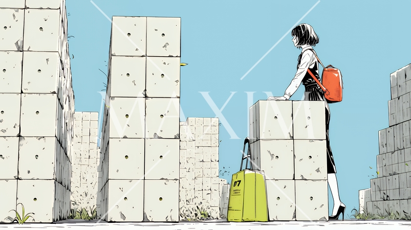 コンクリートブロックを積み上げているビジネスウーマン：計画の段階的積み重ねの比喩