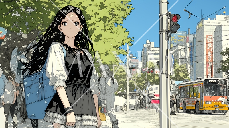 ハロウィン：ゴシックロリータファッションで町を歩く若い女性