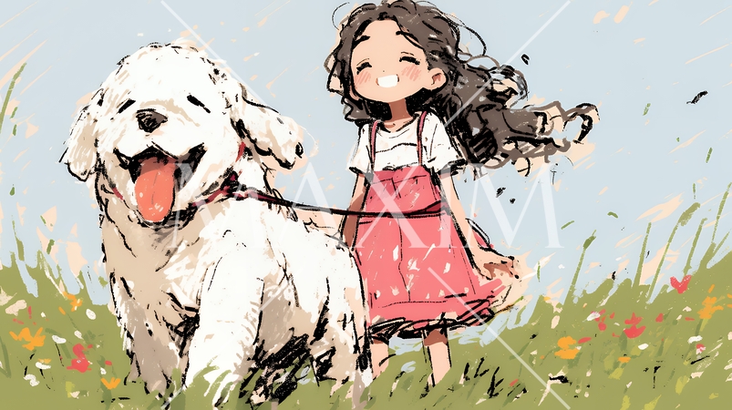 愛犬と散歩をしている女の子（クレヨン＋水彩画風）