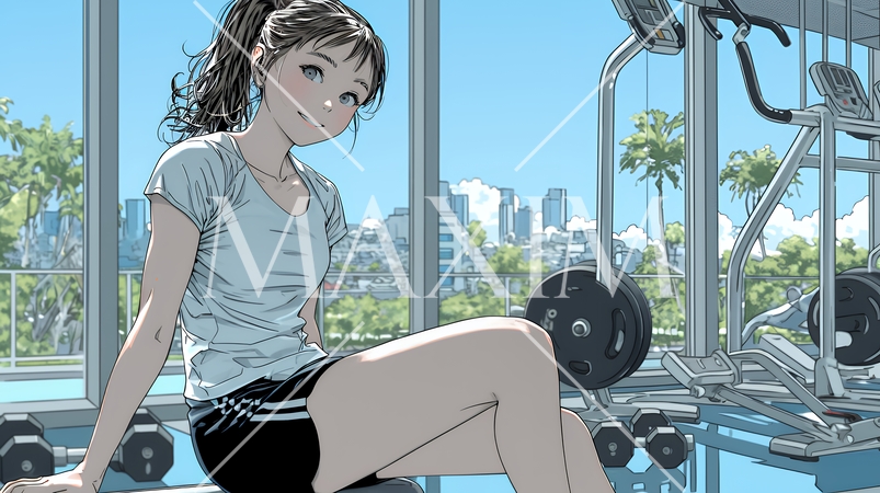 休日にジムで軽く運動する若い女性