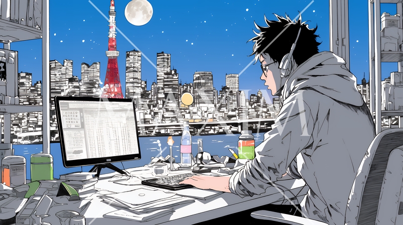 夜遅くまで残業するビジネスマン｜疲れた表情でパソコン作業をする会社員のビジネスイメージ