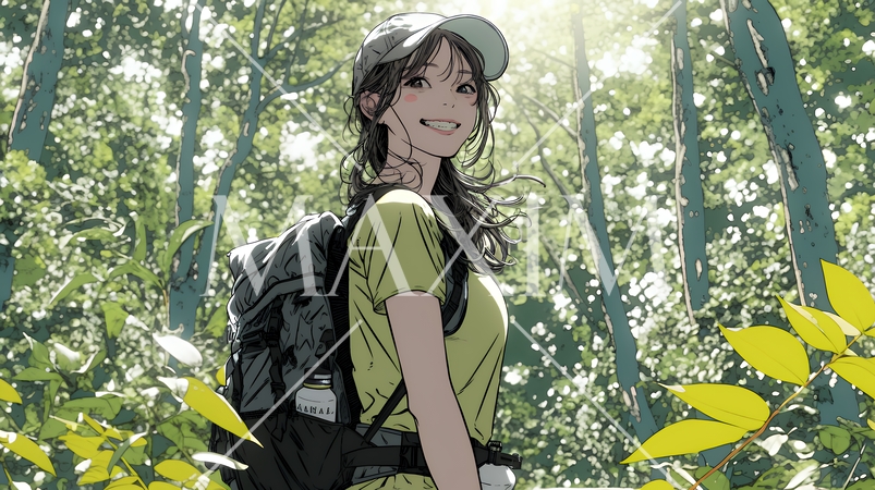 初夏の森でトレッキングを楽しむ若い女性｜新緑とアウトドアの爽やかなライフスタイル