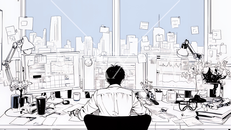 マーケティング・トレーディングデータなどの計量分析を行っている男性（シンプルな色使い）