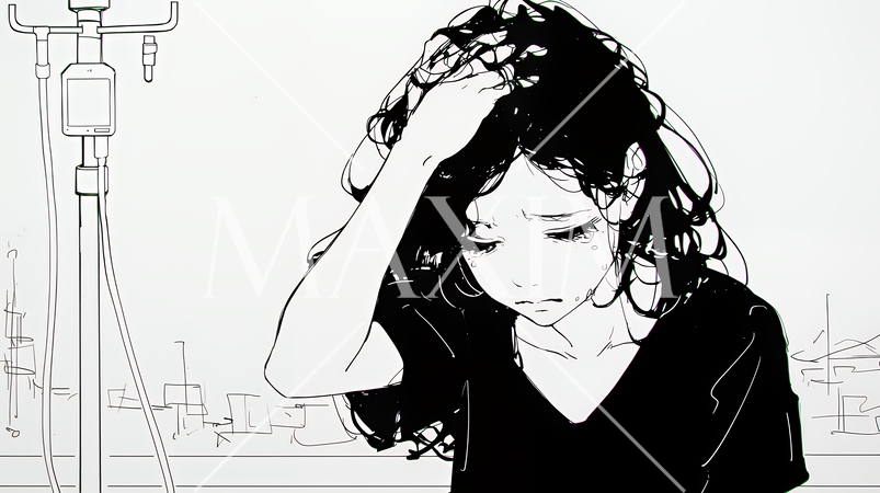 病院のベッドに腰掛けて気落ちしている女性（シンプルな色使い）