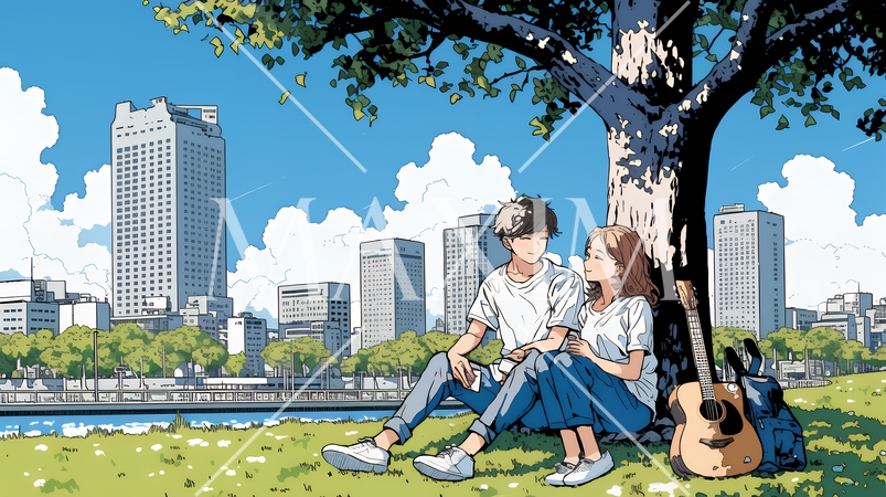 新緑の芝生が広がる都会の公園でくつろぐ若い男女