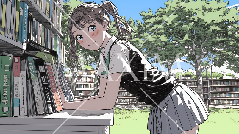 書店で本を選ぶ女子高生