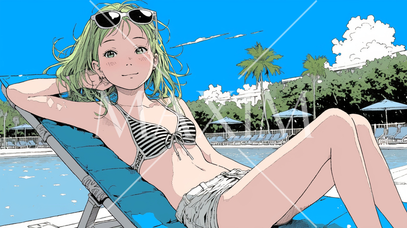 南国のリゾートホテルのプールにビキニ姿でいる若い女性