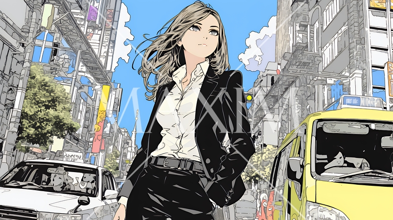 自信満々に晴天の都会の街を歩いているビジネスウーマン