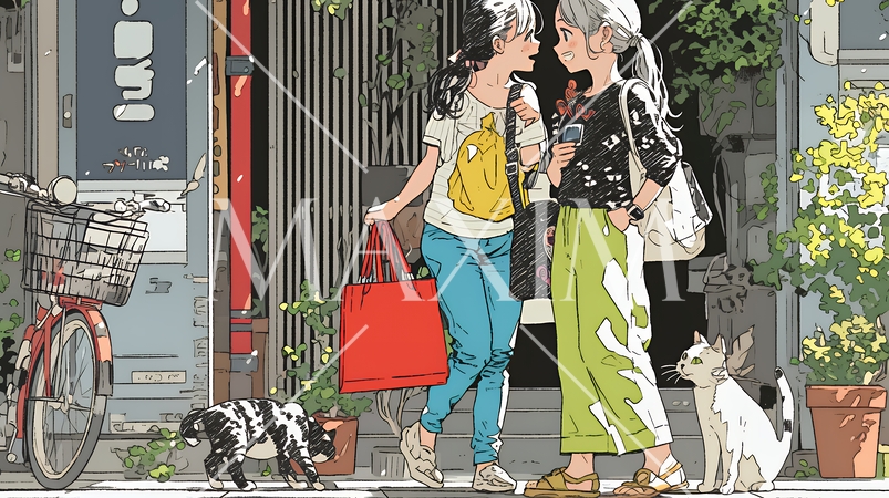 道端で会話を楽しむ若い主婦たち（ママ友たち）