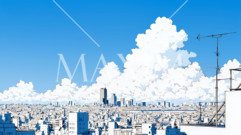 都市の町並みと青空（シンプルな色使い）