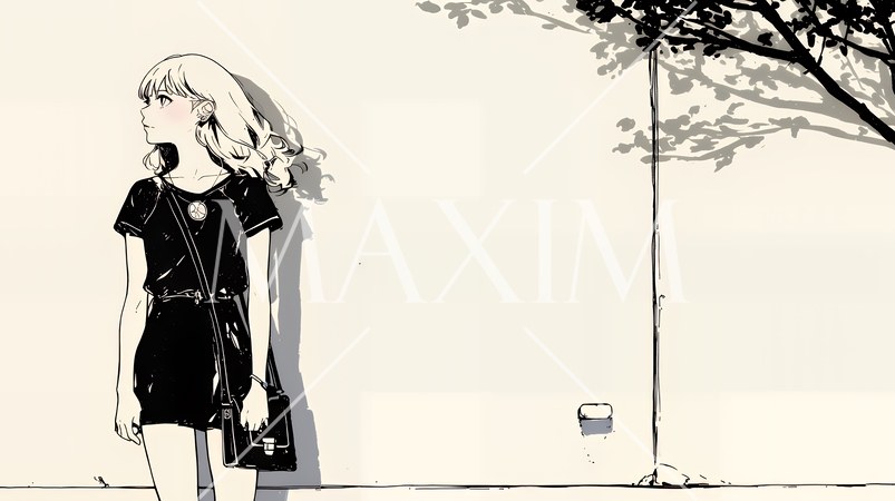 若い女性が佇む都市の街角（シンプルな色使い）