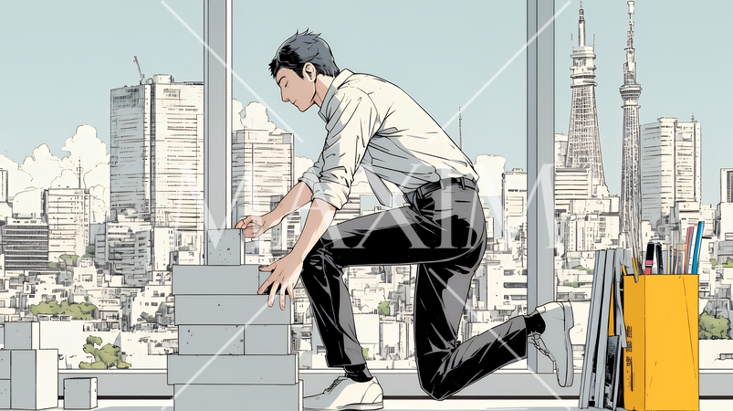 コンクリートブロックを積み上げているビジネスマン：計画の段階的積み重ねの比喩