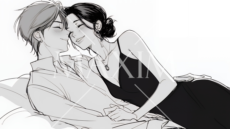 大人の時間：ソファーの上でいちゃついている若い男女（シンプルな色使い）