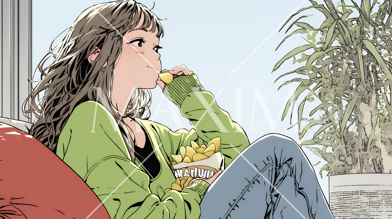 ポテトチップスをつまみながら、ひとりでビデオを観る若い女性