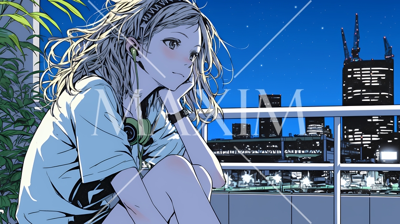 ベランダで夜風に当たりながら都会のランドスケープを眺め休む若い女性