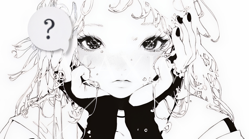 クエスチョンマークのある場面：頭の中にクエスチョンマークが生まれている（シンプルな色使い）