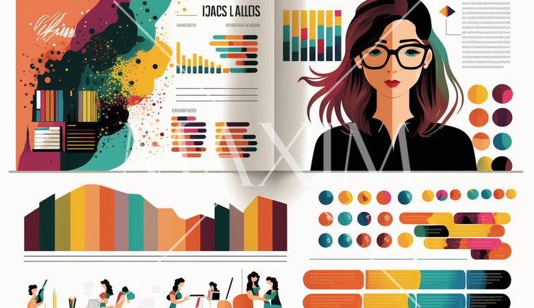 資料作成している女性：レポート、プレゼンテーション資料の作成。