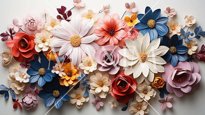 画面いっぱいに色形の違う花のアクセサリーデザインがある：精緻CG