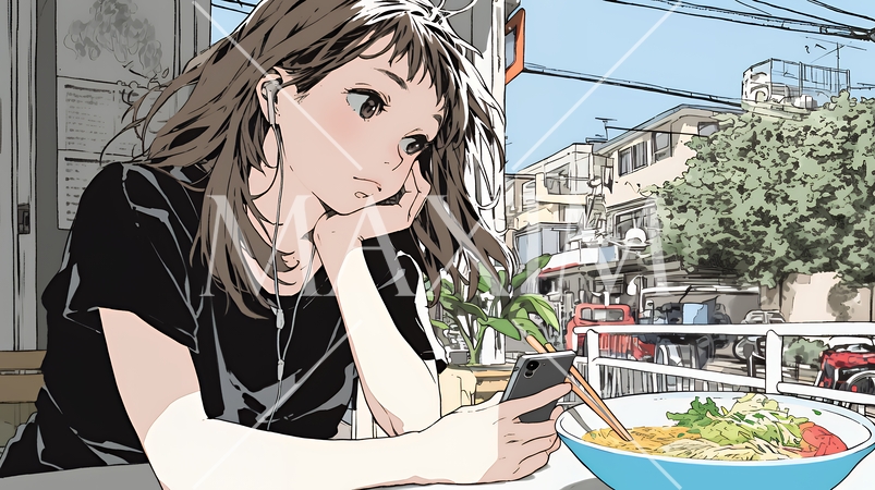 食事の最中もスマホを手放せない若い女性