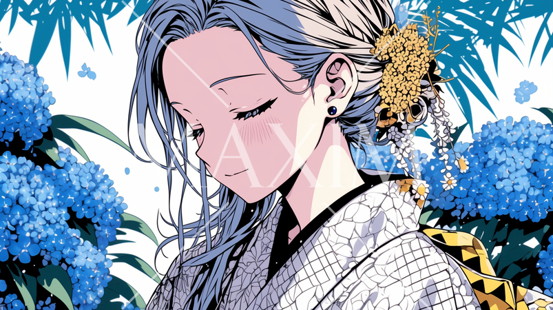 紫陽花と着物を着た女性