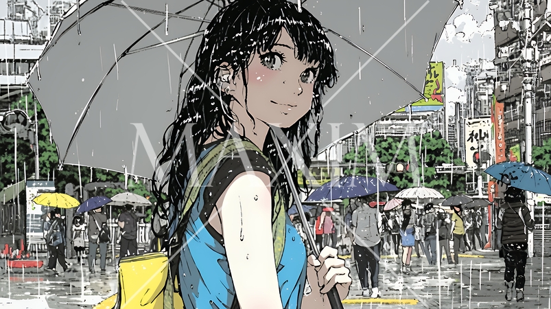 雨の日に傘をさして歩く若い女性