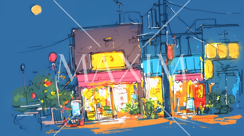 昭和の匂いがする昔ながらの飲み屋（クレヨンと水彩画風）