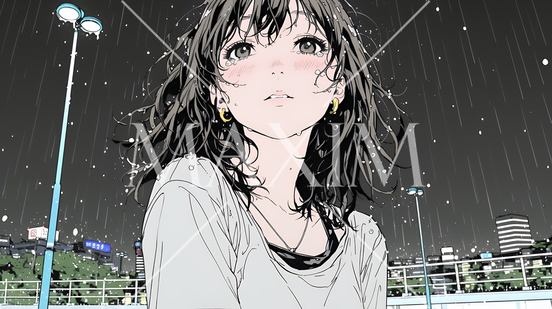 雨の中で泣いている若い女性