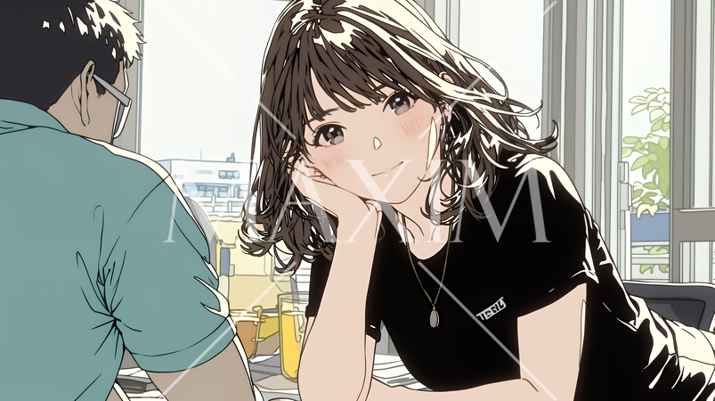 会議で発表している男性に魅了され、新しい恋の予感を抱いた若い女性