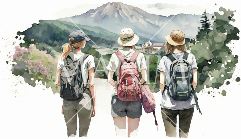 山にハイキングに来ている仲の良い若い女友達：水彩画