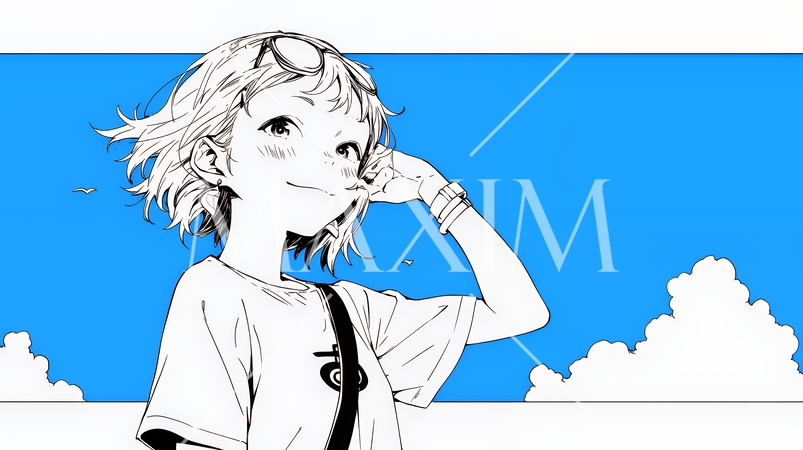 夏休みの思い出：海辺の町への一人旅（シンプルな色使い）