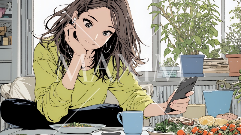 食事の最中もスマホを手放せない若い女性