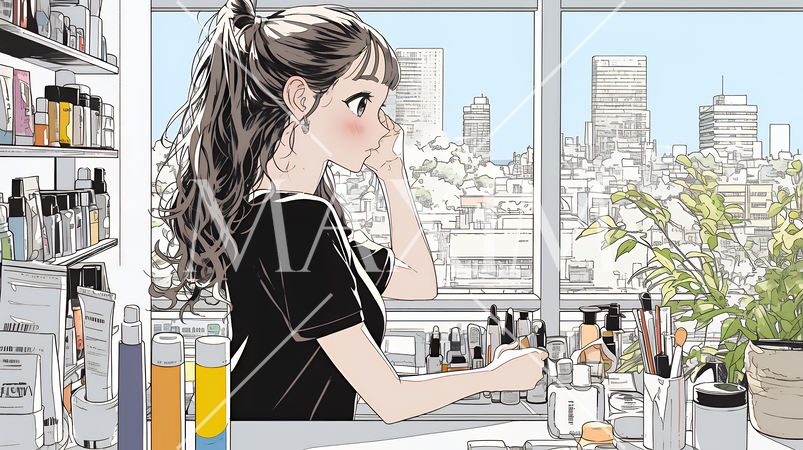 ドラッグストアでコスメを選ぶ若い女性