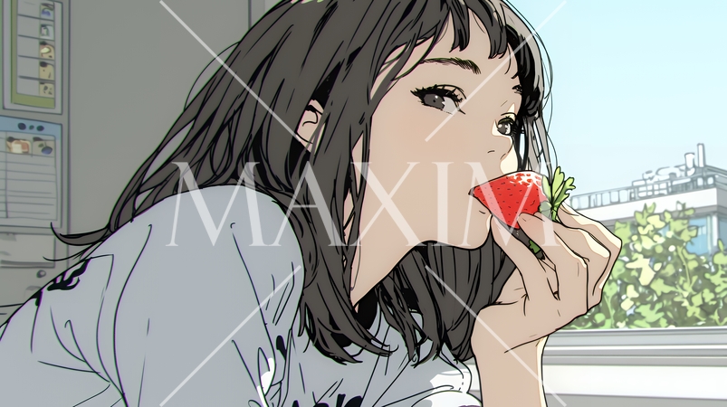 イチゴを摘んで食べている若い女性