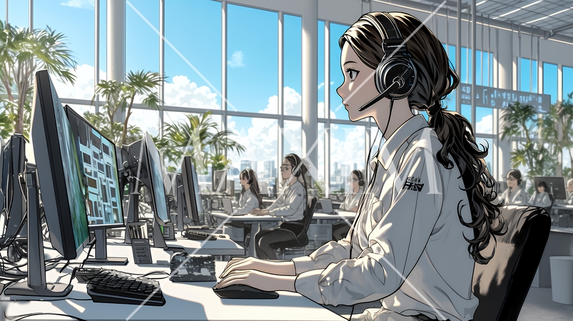 近代的なコールセンターのオフィスで働く女性オペレーター