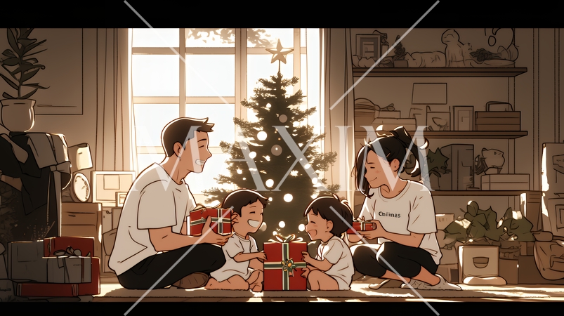 仲良し親子の楽しいクリスマス（シンプルな色使い）