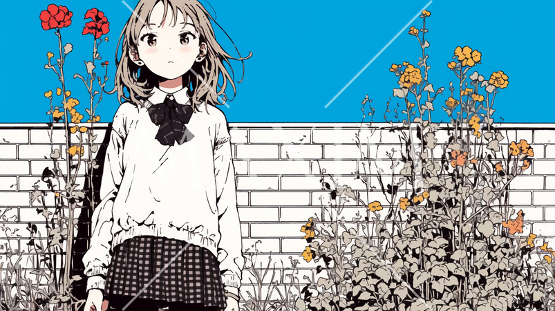 晴天の日にレンガブロックのある花壇の前に立つ少女