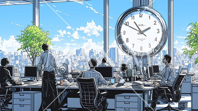時は金なり：近代的なオフィスで大きな時計に支配されて働いている人たち